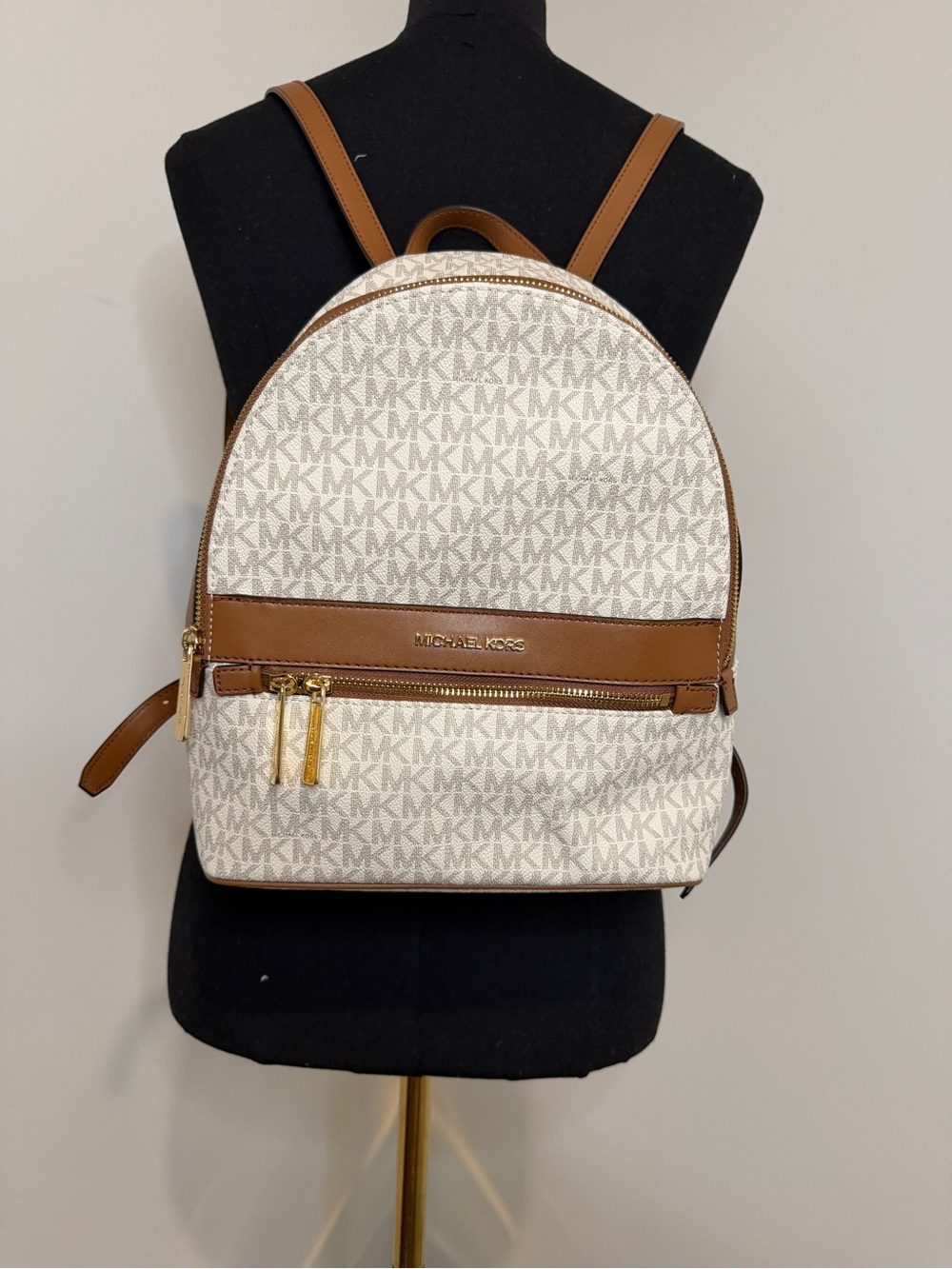 Michael Kors Ivory Monogram & Brown Leather Backpack